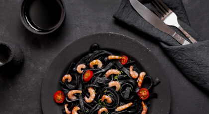 Squid Ink Pasta with Scallops in Creamy Sauce